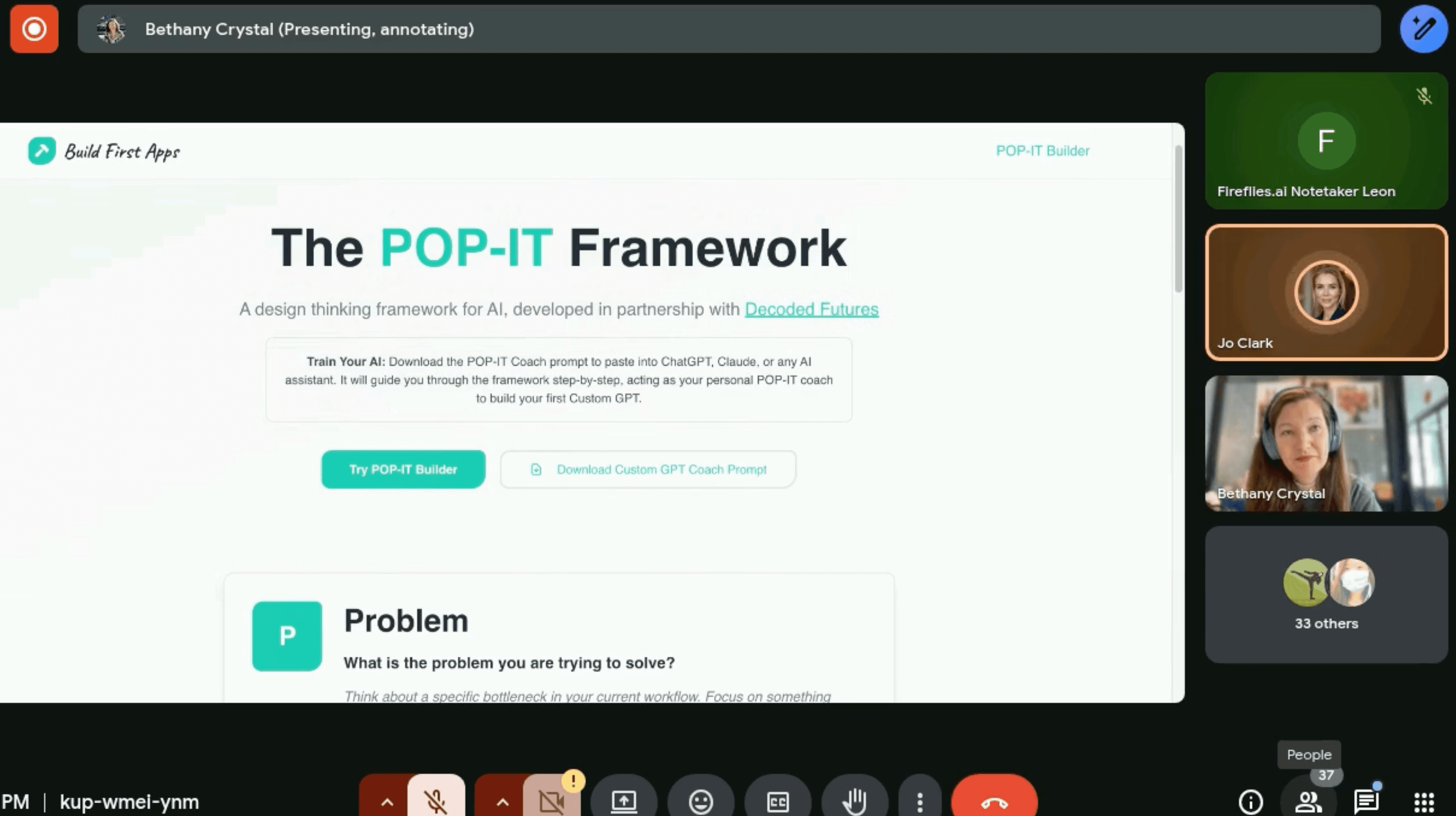 Lightning Lessons virtual session showing the POP-IT Framework presentation